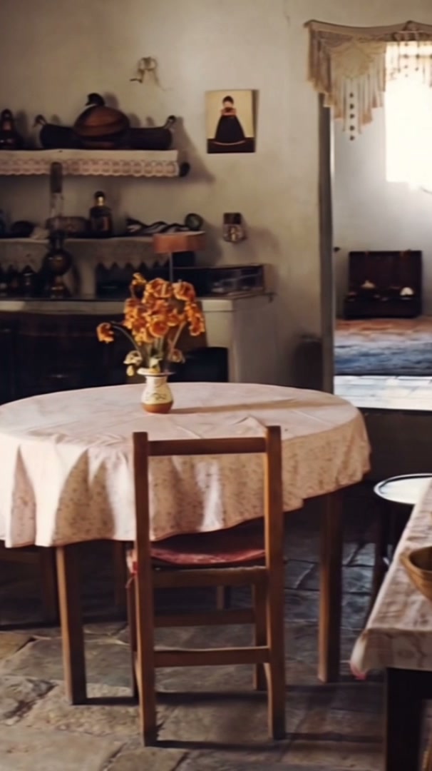 La cuisine de Buscastell reconstituée : table à nappe blanche, chaises en bois, étagères de poteries.