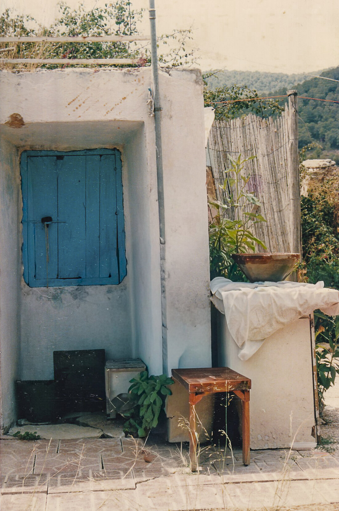 Photographie de famille scannée, la porte bleue de la maison.