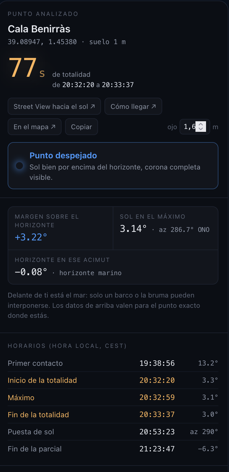 Le panneau d'un lieu : durée de totalité, marge sur l'horizon, horaires de l'éclipse.