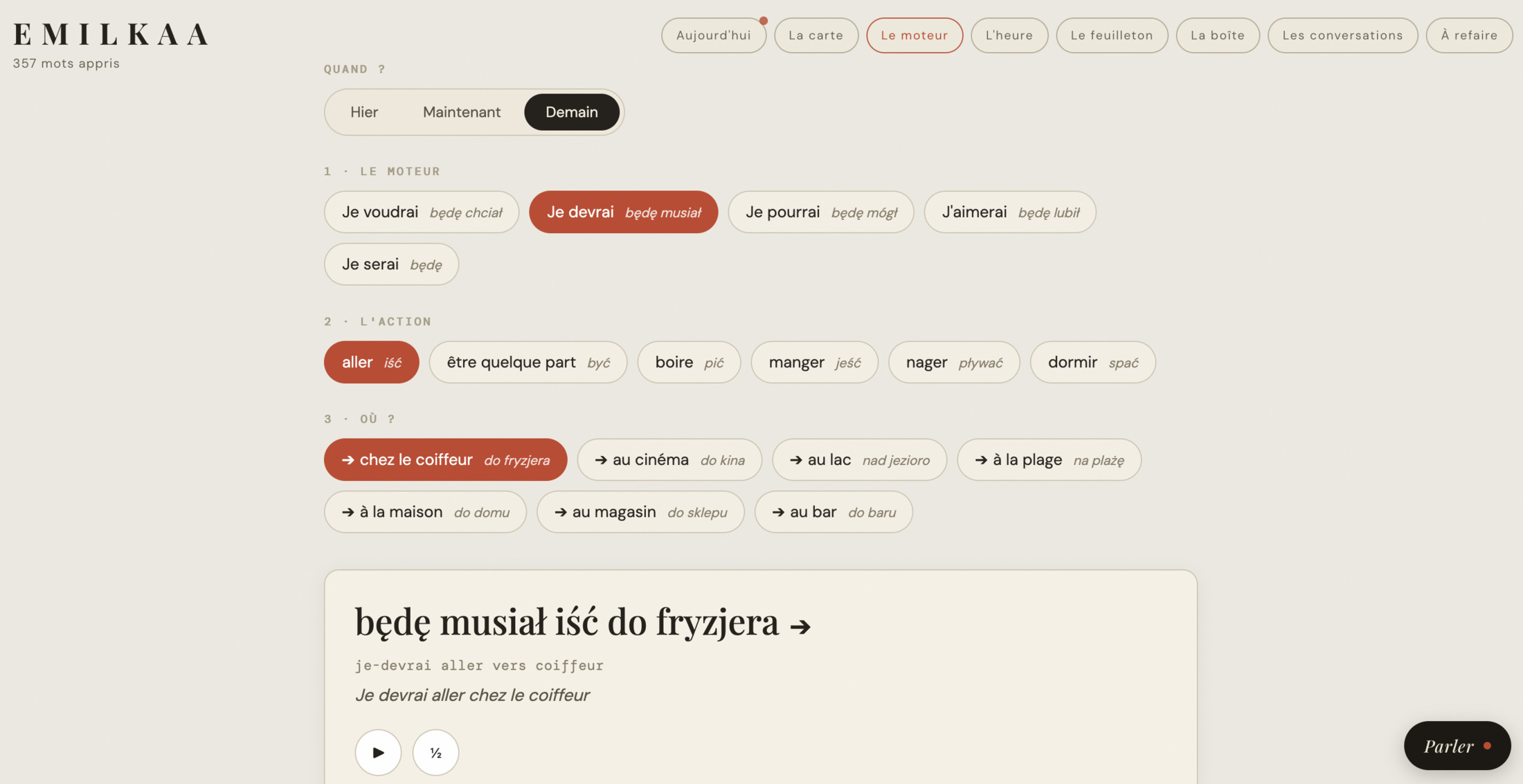 Le moteur de phrases : on choisit des tuiles, la phrase polonaise se compose.