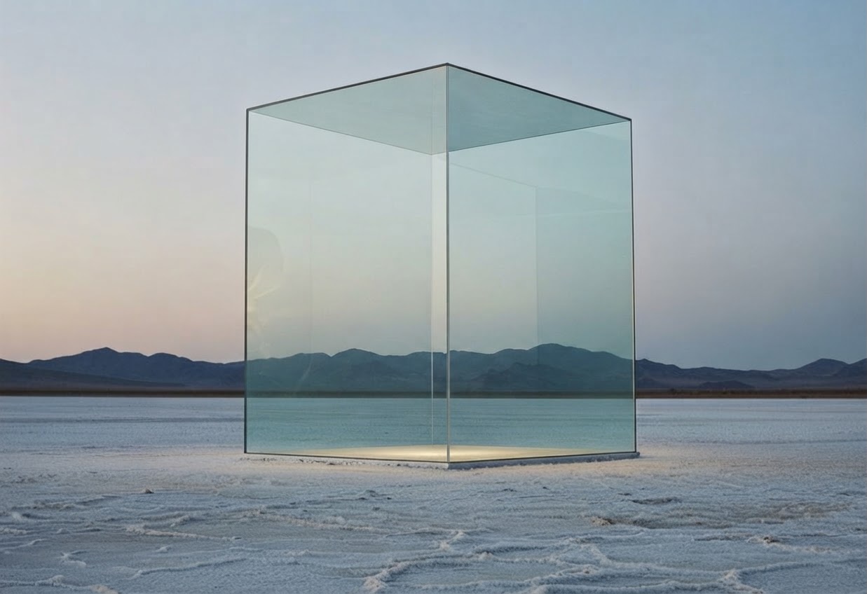 Une fleur de lumière dans un cube de verre, sur un désert de sel.