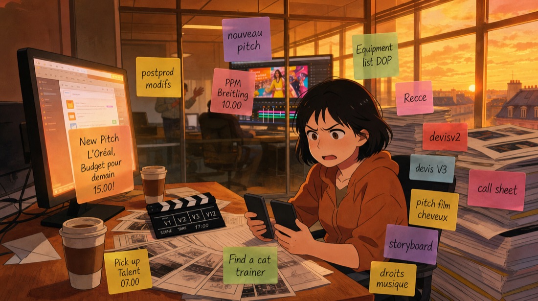 Une productrice débordée, entourée de post-it.