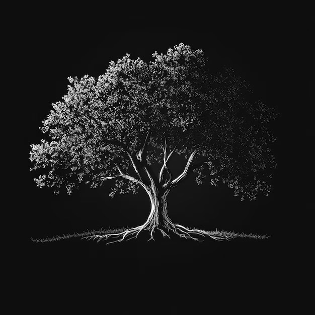 Un arbre dessiné en traits clairs sur fond noir.